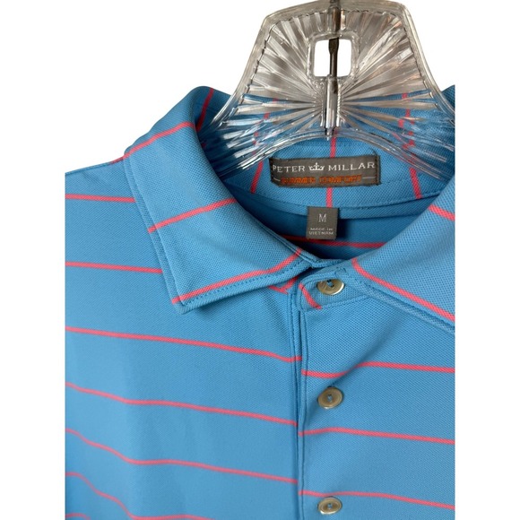 PETER MILLAR SUMMER COMFORT Golf Polo, Blue with Hot Pink Stripes, Size Medium - Picture 6 of 7